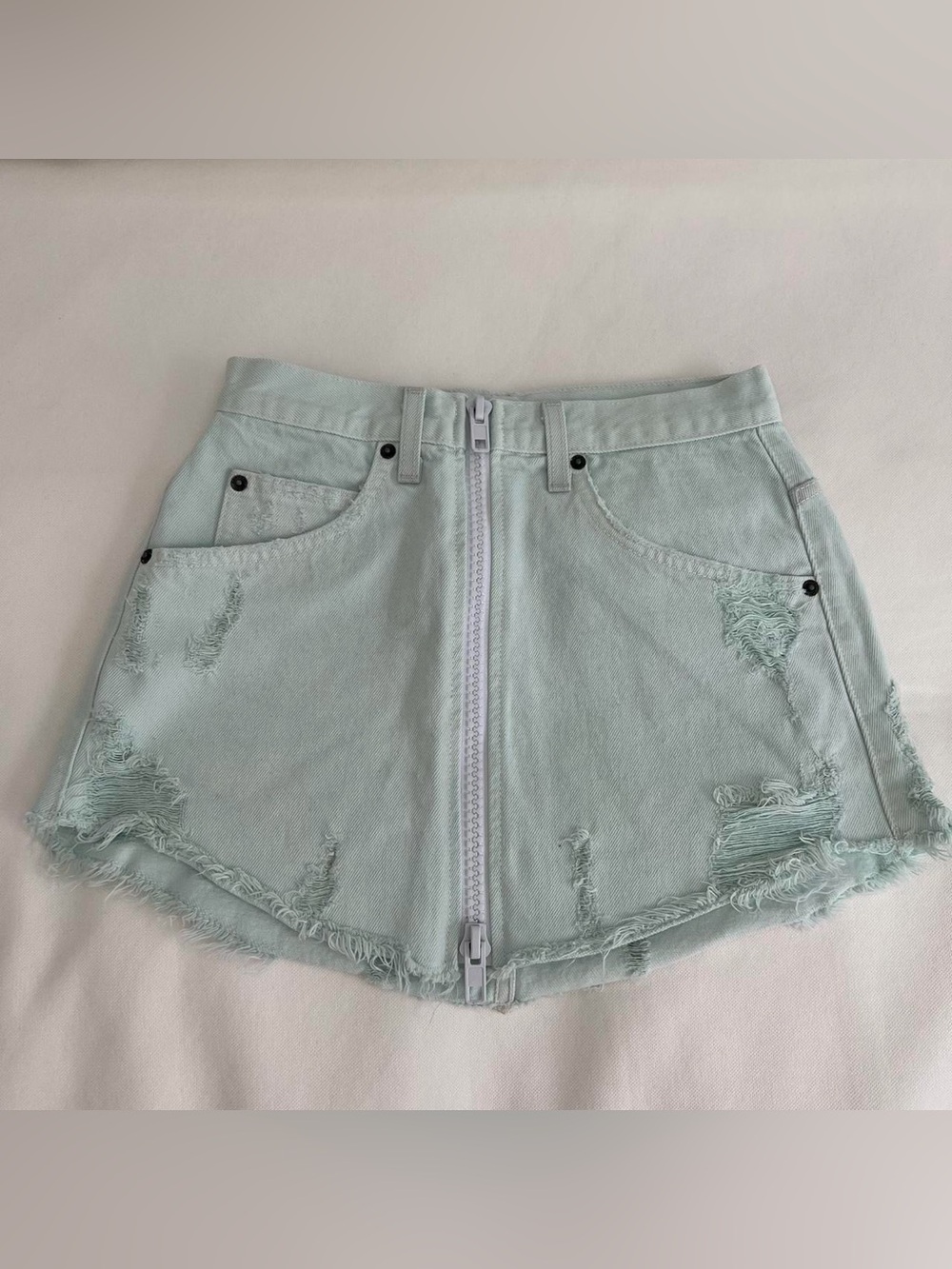 Mint Distressed Denim Mini Skirt with Front Zip
